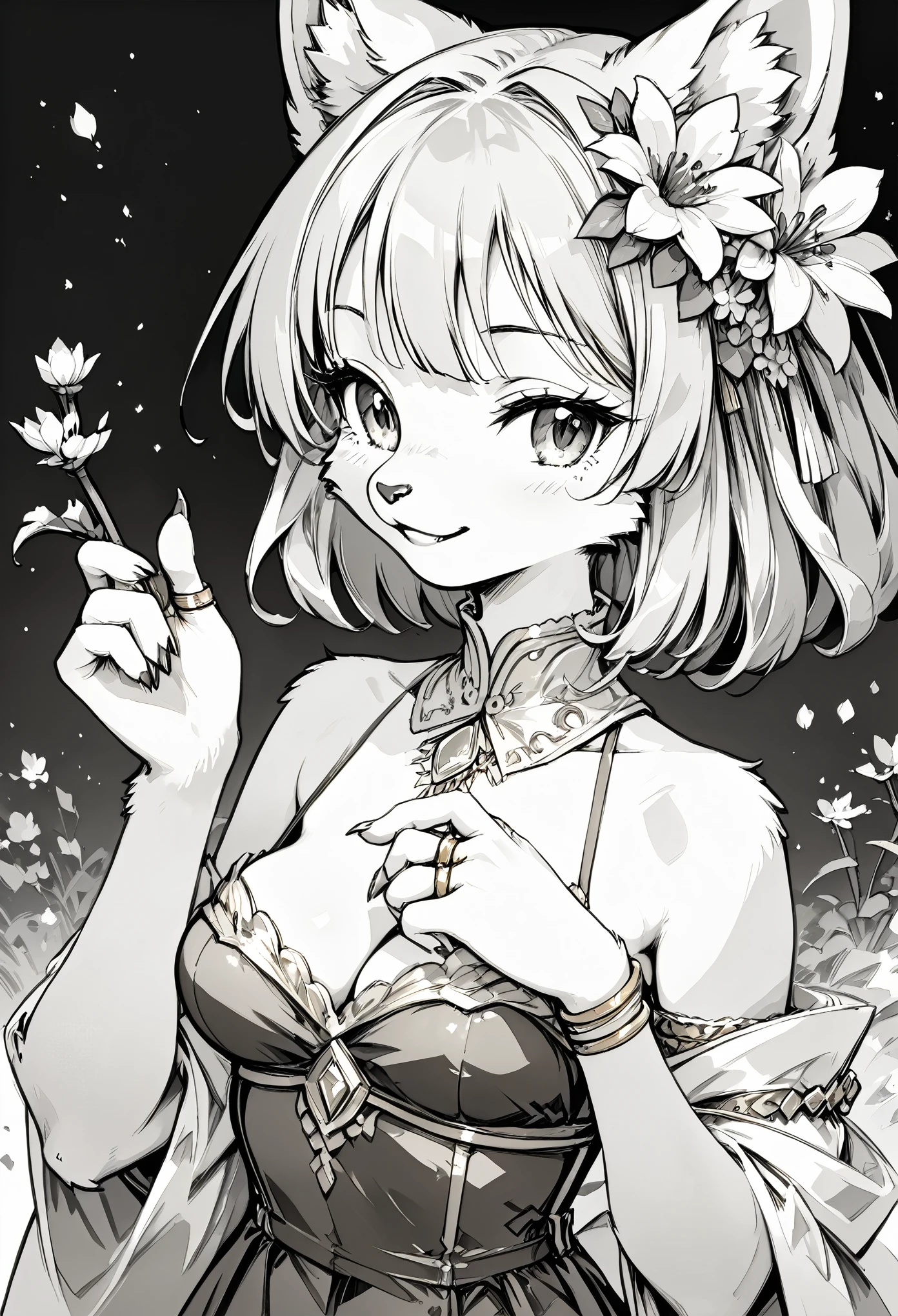 monochrome, watercolor, highres, top quality, best quality, paid reward available, High-quality illustrations, unparalleled masterpiece, perfect artwork, absurdres, 1girl, kenono, furry, Archaic Smile, holding a cluster of gold flower in both hands, She is wearing a simple ring on the ring finger of her left hand, unfocused spread of gold flower,