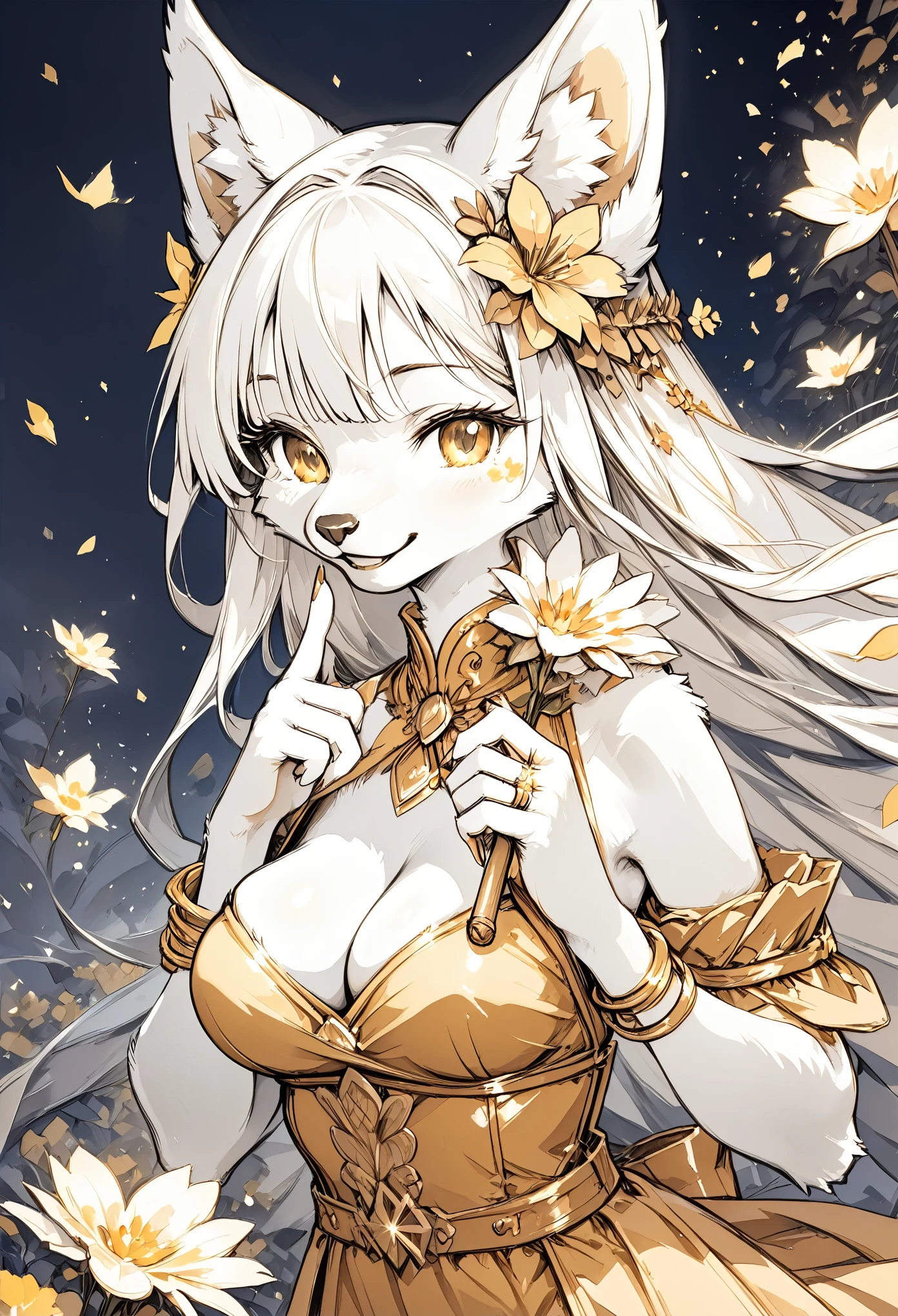 monochrome, watercolor, highres, top quality, best quality, paid reward available, High-quality illustrations, unparalleled masterpiece, perfect artwork, absurdres, 1girl, kenono, furry, Archaic Smile, holding a cluster of gold flower in both hands, She is wearing a simple ring on the ring finger of her left hand, unfocused spread of gold flower,
