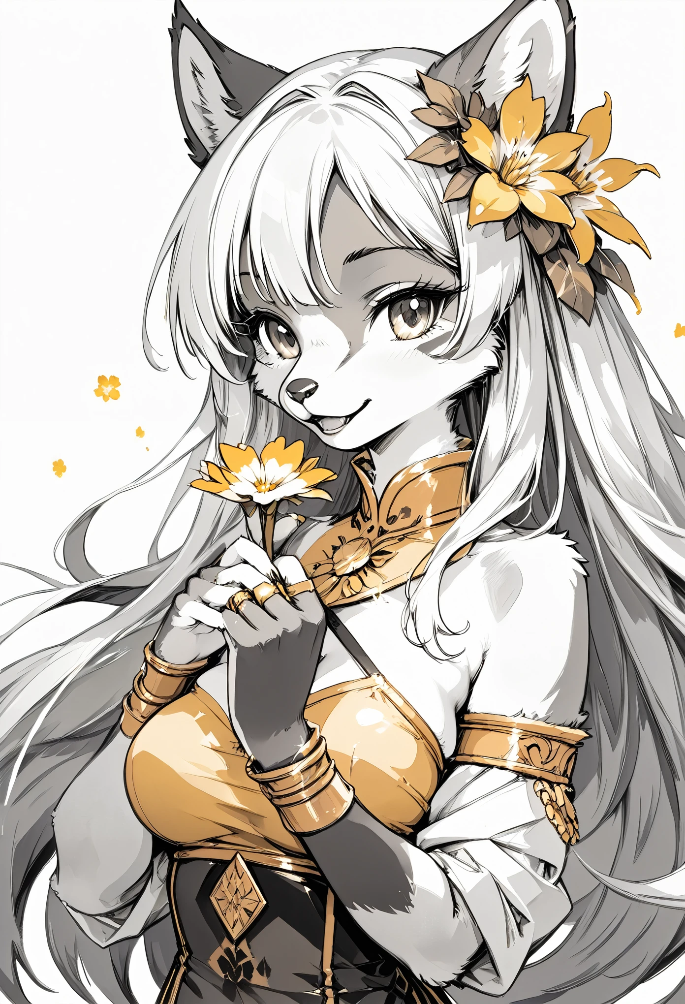 monochrome, watercolor, highres, top quality, best quality, paid reward available, High-quality illustrations, unparalleled masterpiece, perfect artwork, absurdres, 1girl, kenono, furry, Archaic Smile, holding a cluster of gold flower in both hands, She is wearing a simple ring on the ring finger of her left hand, unfocused spread of gold flower,