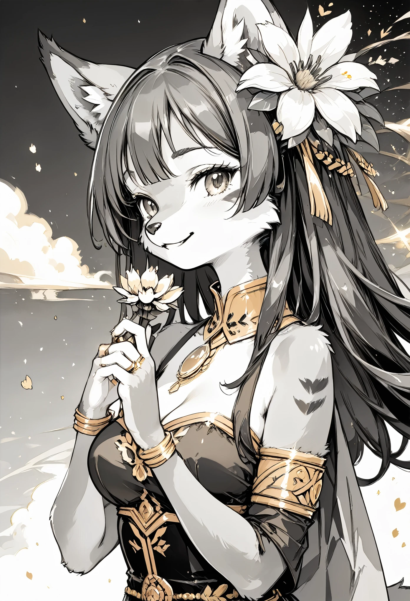 monochrome, watercolor, highres, top quality, best quality, paid reward available, High-quality illustrations, unparalleled masterpiece, perfect artwork, absurdres, 1girl, kenono, furry, Archaic Smile, holding a cluster of gold flower in both hands, She is wearing a simple ring on the ring finger of her left hand, unfocused spread of gold flower,