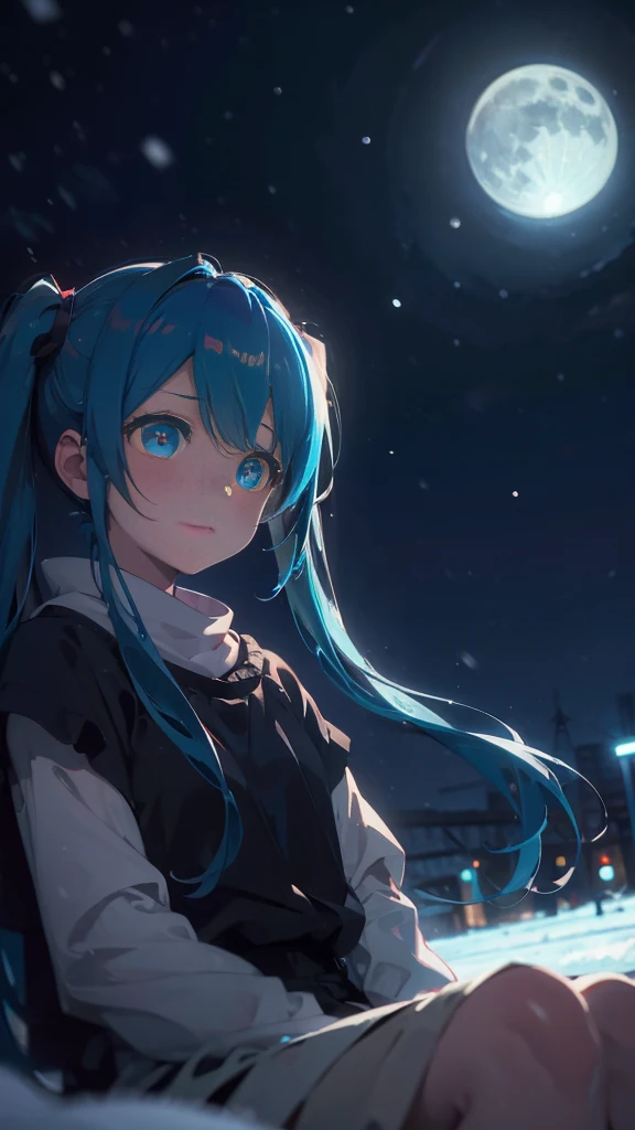 (masterpiece、highest quality)、1 girl ,Grim expression、hatsunemiku,Warm lighting、 Blurred foreground、night、High Contrast、Twin tails,blue gem eyes,Blue Hair,night,snowing,Heavy snowfall,winter,Alone in the vast snowy field,whole body,curse,Looking at me,Huge construction,moon,whole body,shine,bright,Sad expression,whole body,sad face,Huge structures,universe,planet,Sitting