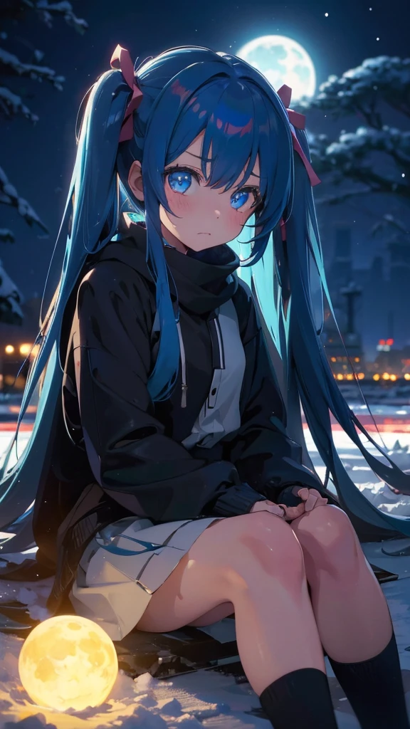 (masterpiece、highest quality)、1 girl ,Grim expression、hatsunemiku,Warm lighting、 Blurred foreground、night、High Contrast、Twin tails,blue gem eyes,Blue Hair,night,snowing,Heavy snowfall,winter,Alone in the vast snowy field,whole body,curse,Looking at me,Huge construction,moon,whole body,shine,bright,Sad expression,whole body,sad face,Huge structures,universe,planet,Sitting