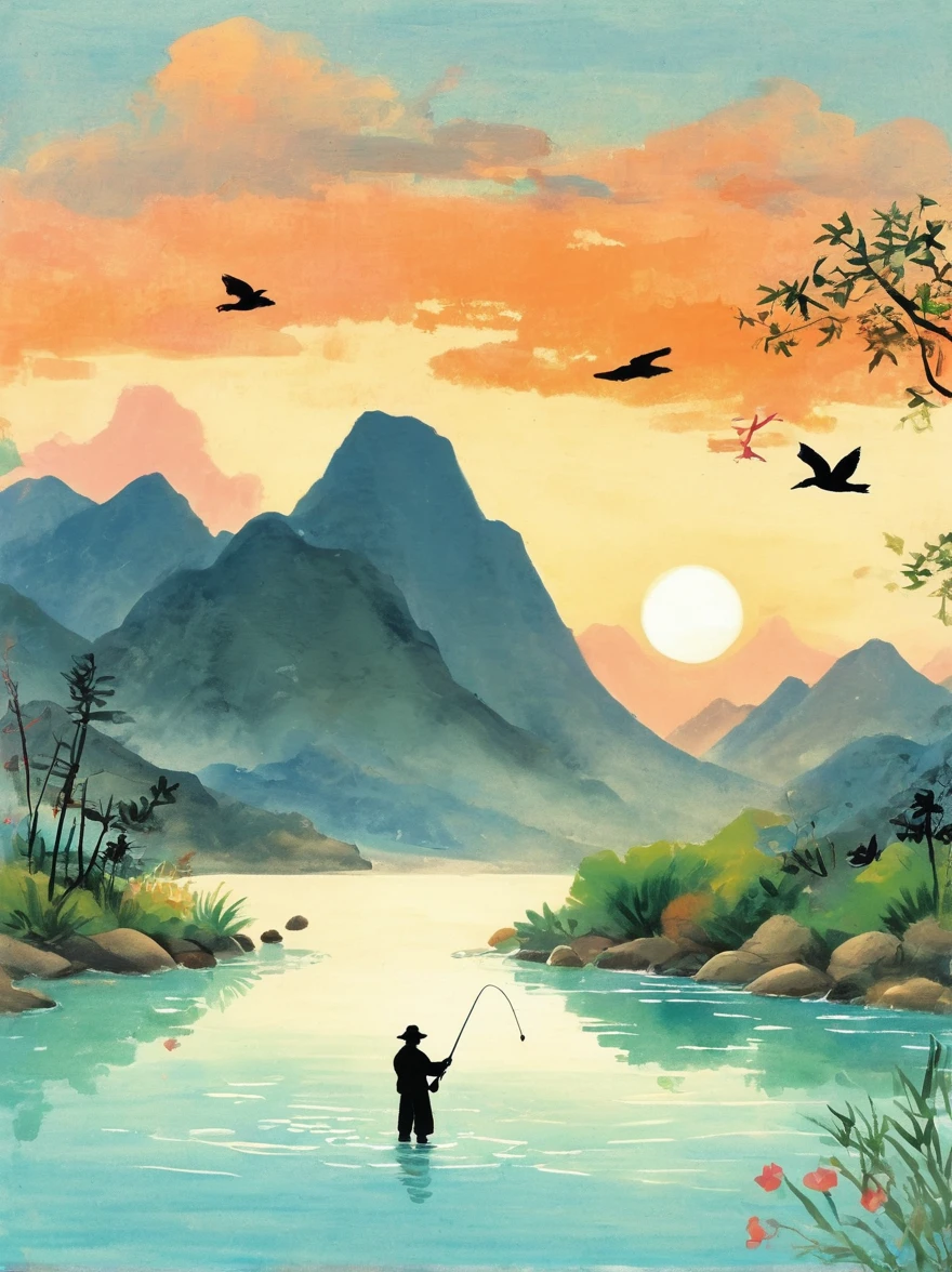 A silhouette of an angler casting their line into the water at sunset, with mountains in the background and calm waters reflecting orange hues, The scene is depicted in the style of Chinese artist Zhang Daqian