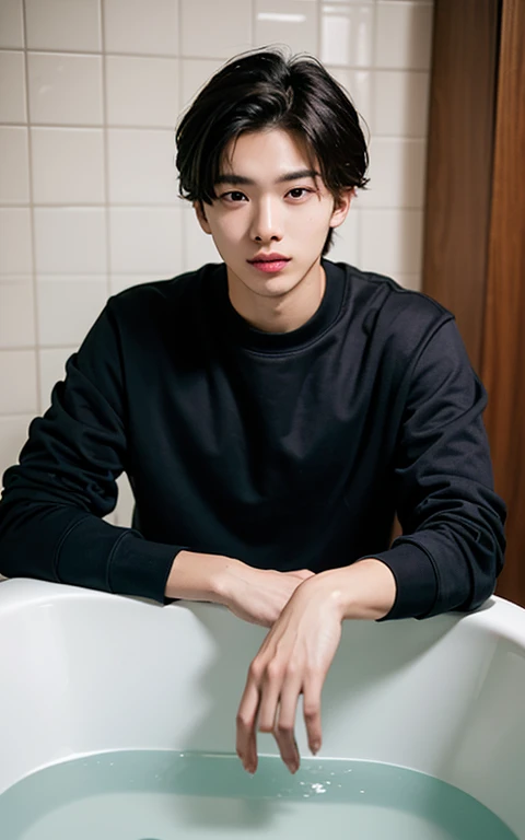 A man, 20-years-old, A half body, Wear a loose-fitting sweatshirt on the upper body, Looks generous and comfortable, There is also a faint sense of invincibility, plain face, in the bathtub