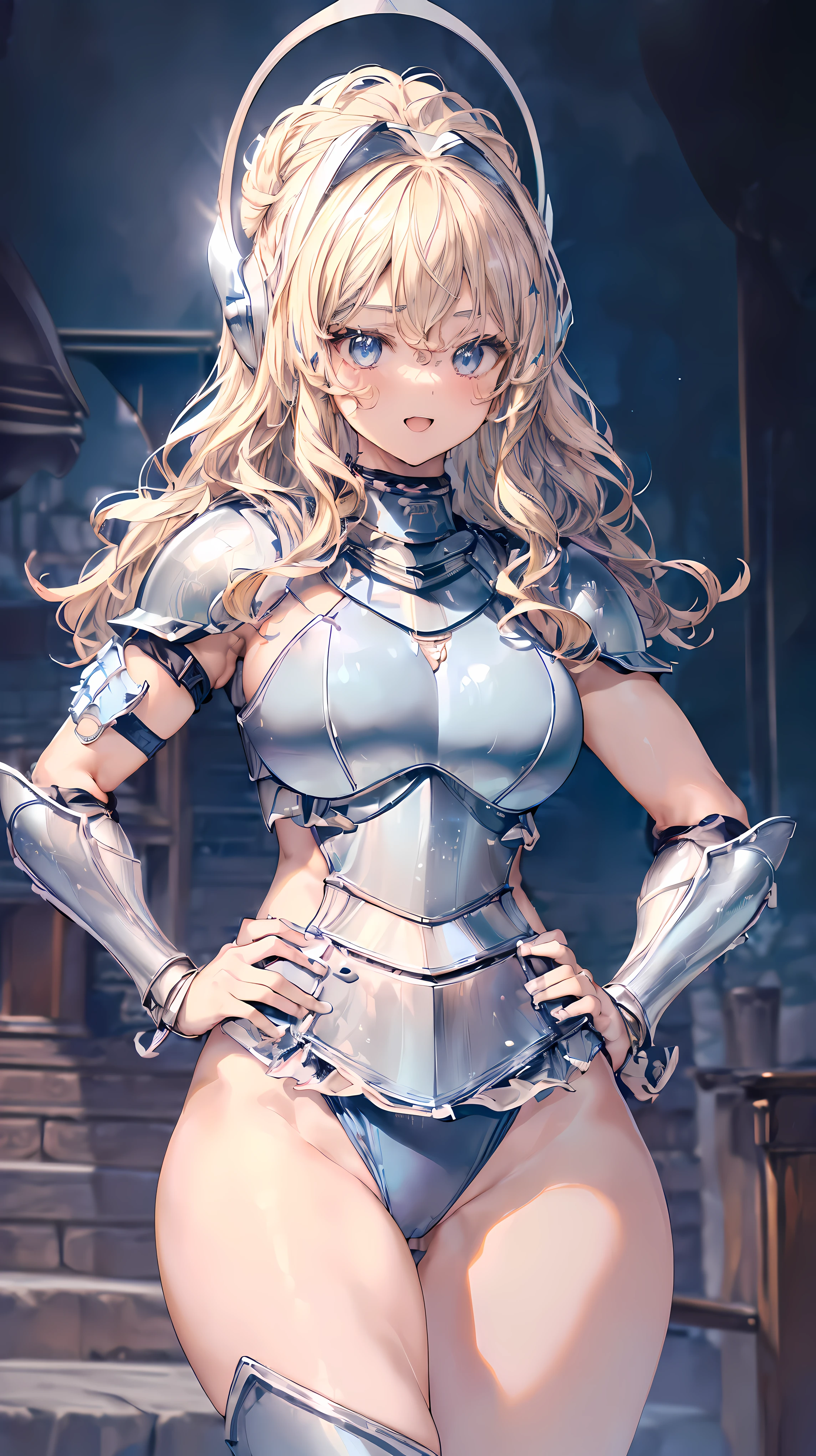 (Adult women:1.5)、Very detailed、highest quality、Best image quality、masterpiece、8k、Anime Face、A kind smile、(Open your mouth:1.parkling blue eyes、(Blonde Wavy Hair:1.5)、、Muscles of the whole body、(High leg:1.5)、(Thigh belt:1.5)、(Wearing platinum bikini armor:1.5)、(Cowboy Shot:1.5)、(Leg armor:1.5)、(Wearing a helmet:1.5)、(Hands on hips:1.5)