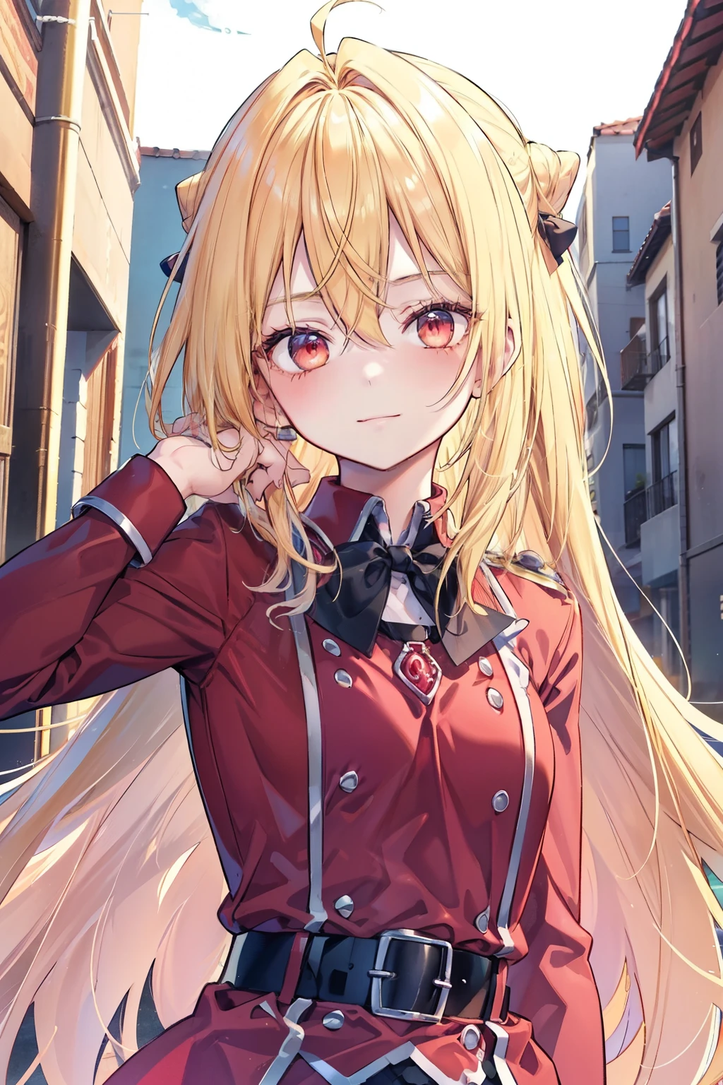 Terracomali Gundesblood、Good looking girl (blush, Perfect Face), independent , Looking at the camera, masterpiece, Anime art style, Cute Characters, Most detailed, high quality、Nico Nico Smile、There are highlights in the eyes、The whole body is visible、Blonde、Long Hair、Red Eye、Showing armpits、uniform