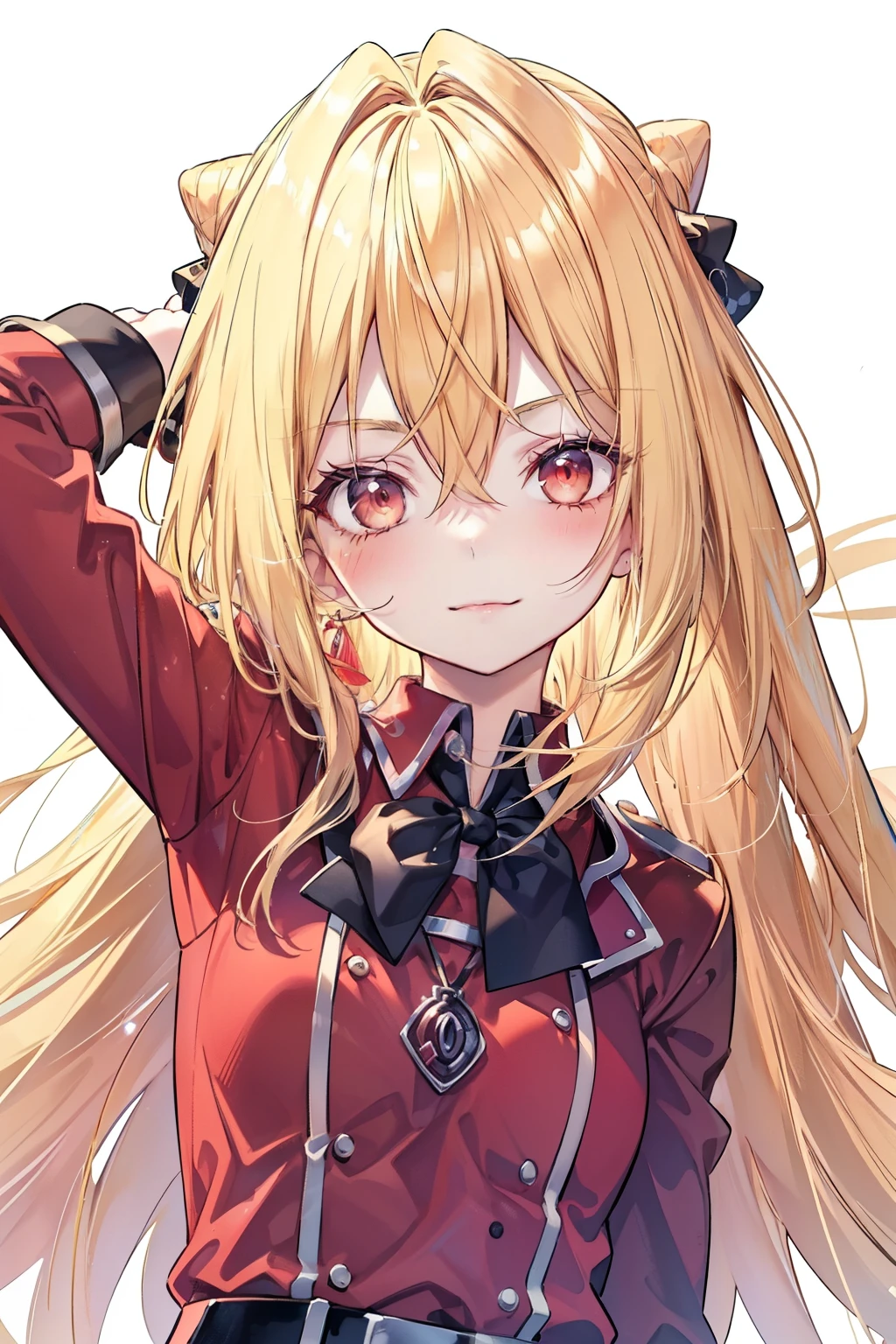 Terracomali Gundesblood、Good looking girl (blush, Perfect Face), independent , Looking at the camera, masterpiece, Anime art style, Cute Characters, Most detailed, high quality、Nico Nico Smile、There are highlights in the eyes、The whole body is visible、Blonde、Long Hair、Red Eye、Showing armpits、uniform