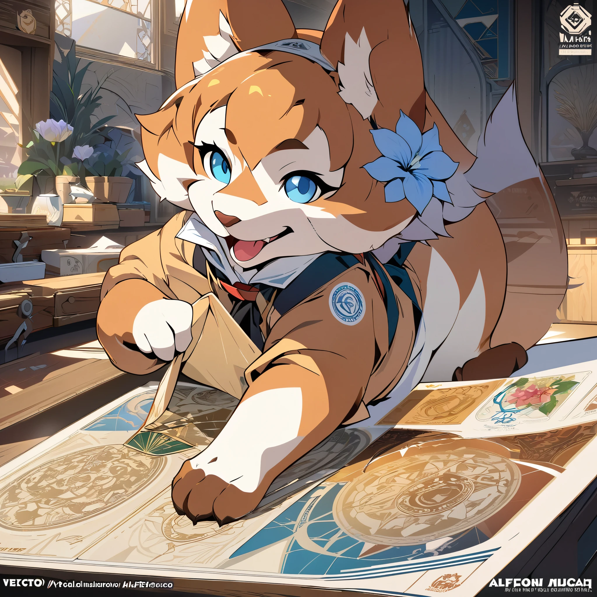 highres, top quality, best quality, paid reward available, High-quality illustrations by Alfons Mucha, unparalleled masterpiece, perfect artwork, absurdres, logo mark, stamp, Geometric pattern, vector-art, masterpiece(kemono, furry anthro)flower,