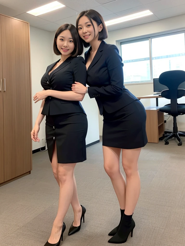(highest quality:1.2),(8K:1.2),(masterpiece:1.2),(high resolution:1.2),(Photorealistic:1.2),(3 Japanese women:1.2),The background is an office with no one in it.,(Huge :1.2),Short Hair,Full Body Shot,(A tight, see-through business uniform that accentuates the shape of the breastsmile,(Slender:1.2),Beauty,(Narrow waist:1.2),(See-through mini skirt with slit:1.2),Thin and beautiful legs,Bold sexy pose,Grouhoto