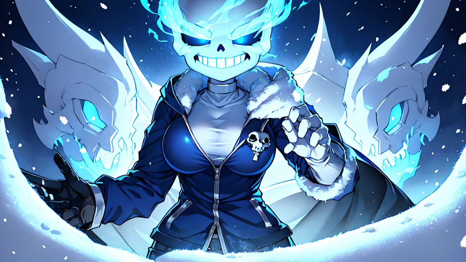 Toby Fox Undertale Sans blue jacket white shirt,Fire eyes skull smile white short hair glowing sexy dragon skull cannon one standing in the snow town Femininefull big breast breast enlargement full-body shot