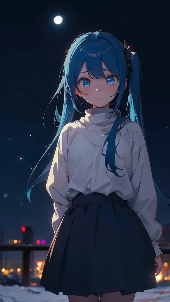 (masterpiece、highest quality)、1 girl ,Grim expression、hatsunemiku,Warm lighting、 Blurred foreground、night、High Contrast、Twin tails,blue gem eyes,Blue Hair,night,snowing,Heavy snowfall,winter,Alone in the vast snowy field,whole body,curse,Looking at me,Huge construction,moon,whole body,shine,bright,Sad expression,whole body,sad face,Huge structures,universe,planet,Standing