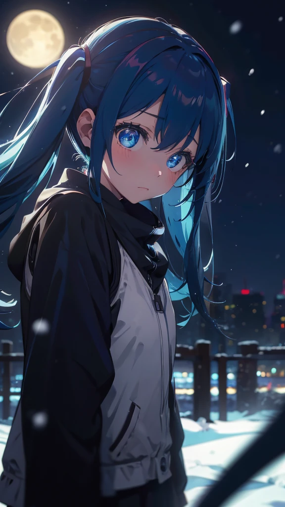 (masterpiece、highest quality)、1 girl ,Grim expression、hatsunemiku,Warm lighting、 Blurred foreground、night、High Contrast、Twin tails,blue gem eyes,Blue Hair,night,snowing,Heavy snowfall,winter,Alone in the vast snowy field,whole body,curse,Looking at me,Huge construction,moon,whole body,shine,bright,Sad expression,whole body,sad face,Huge structures,universe,planet,Standing