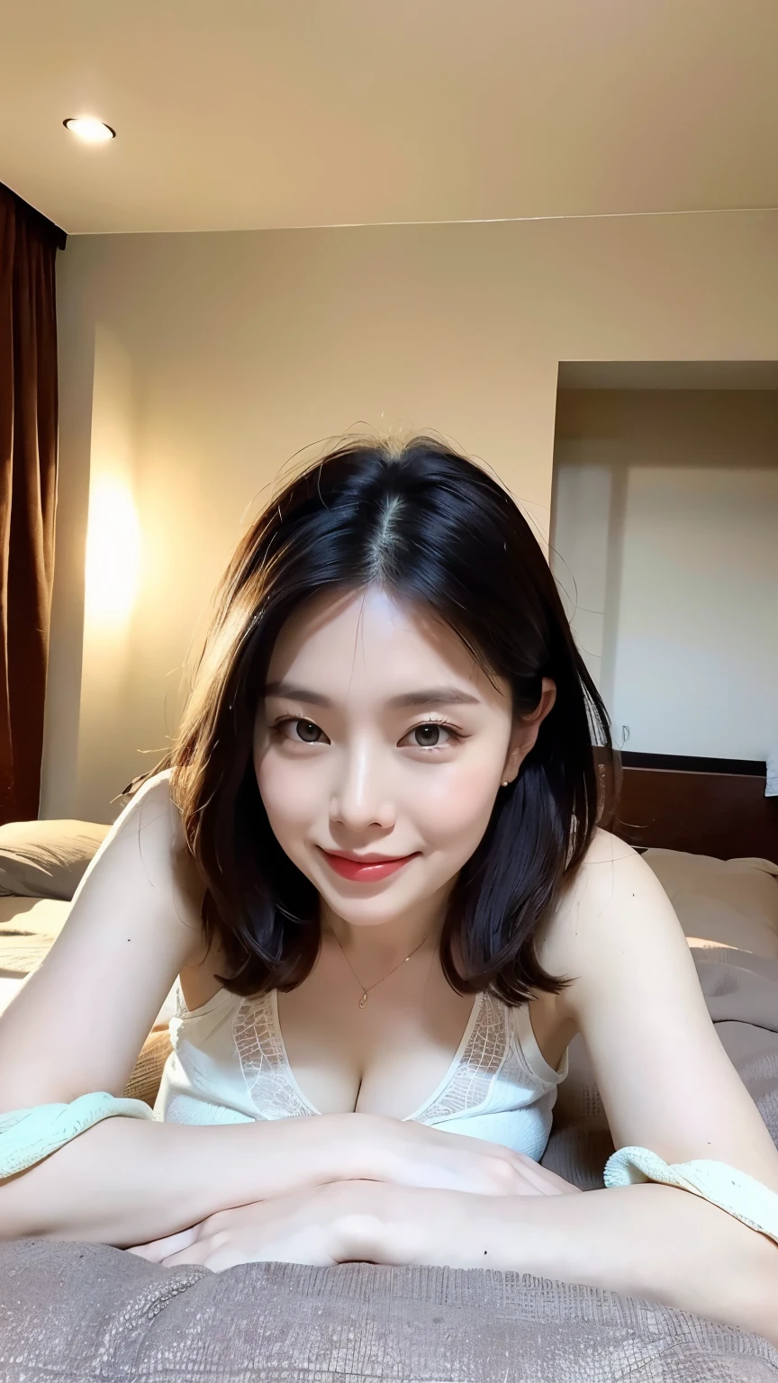 ulzzang-6500-v1.1, (RAW Photos:1.2), (Photorealistic), (Genuine:1.4), (Mastepiece), masterpiece, Absurd, The finer details, High resolution, Highly detailed face and eyes, Photorealistic, (Random Porn Pose),(Random Hairstyles), One girl, ((Lying on your back))、Black Hair, Quiet sleep、Deep sleep、peace of mind、 Adult, Fully mature, wearing a see-through nightgown、A very loving smile:1.2、(Full Body Shot:1.3)