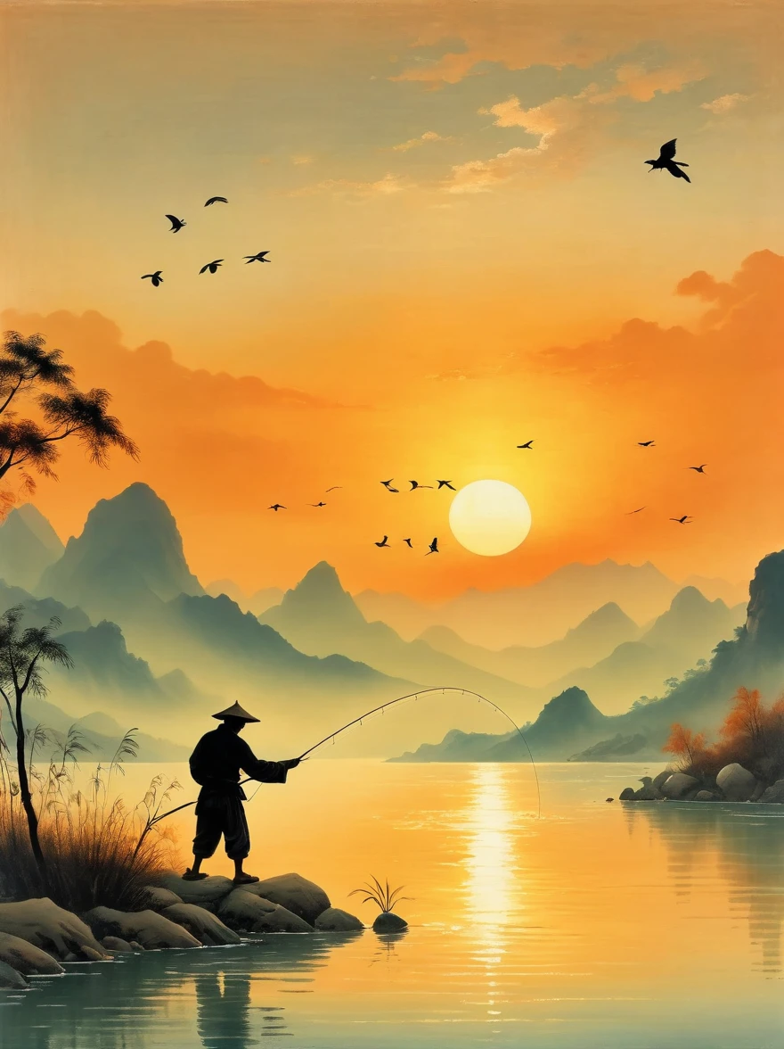 A silhouette of an angler casting their line into the water at sunset, with mountains in the background and calm waters reflecting orange hues, The scene is depicted in the style of Chinese artist Zhang Daqian