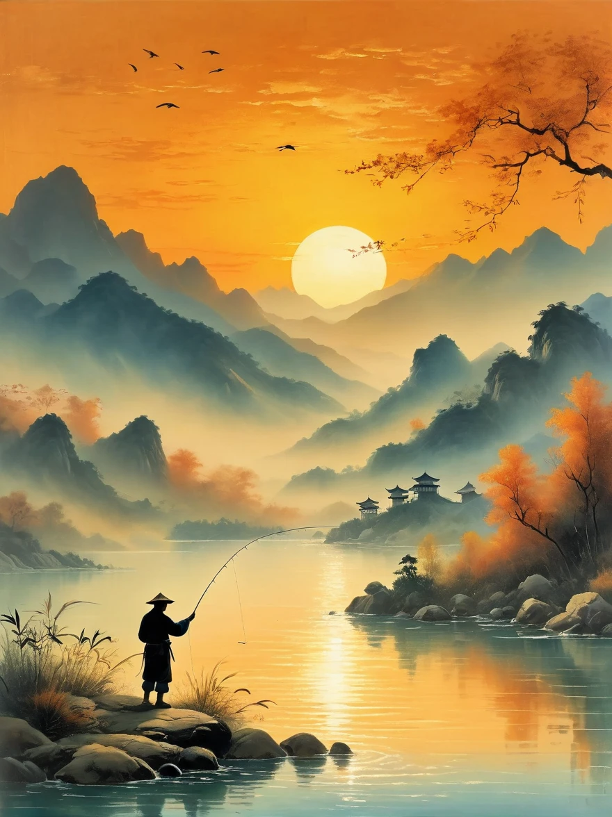 A silhouette of an angler casting their line into the water at sunset, with mountains in the background and calm waters reflecting orange hues, The scene is depicted in the style of Chinese artist Zhang Daqian