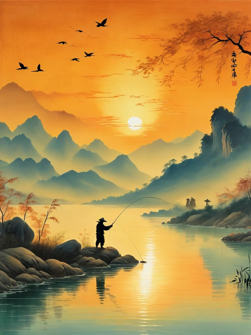 A silhouette of an angler casting their line into the water at sunset, with mountains in the background and calm waters reflecting orange hues, The scene is depicted in the style of Chinese artist Zhang Daqian