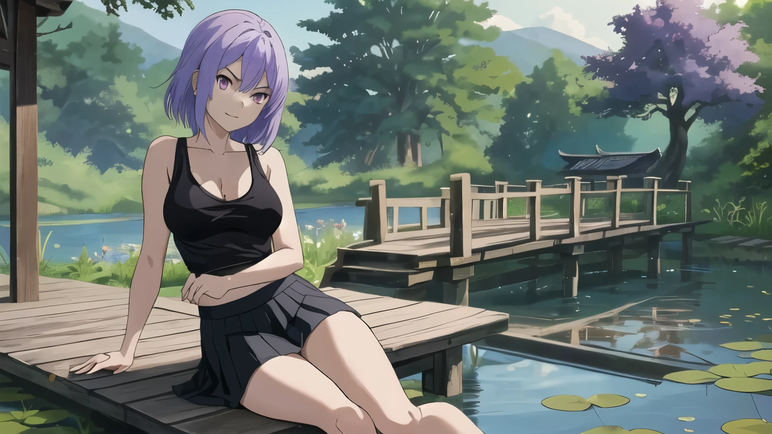 young woman with light purple hair and a black blouse is sitting on a old rustic wooden platform, girl sitting poses, in the background is a pond with water lilies, oriental landscape with a magnolia tree in the background, oriental garden, barefeet, light purple hair, short girls hair, shoulder length hair, evil looking girl, short blouse, shoulder free airy tank top, blue cropped skirt, black tank top, evil looking purple eyes, anime, old rotten wooden footbridge on the lake shore, wooden ground, epic anime artwork, evil woman, girl sitting hand poses