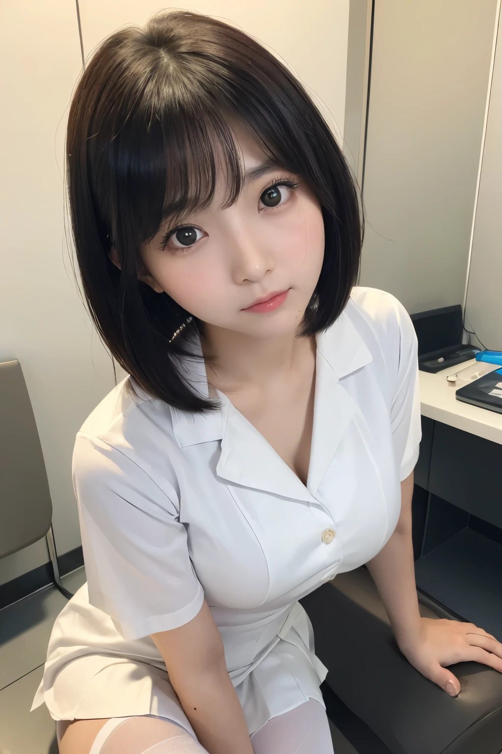 (1 Girl)、(Beautiful Japanese、18years old,round face、Refreshing、clear、seems kind、stylish、Pitiful、cute like an angel、cute、black eyes、,actress,Almond-shaped eyes), Good style , (Beautiful big breasts:1.2),(soft breasts),(very cute),(Black hair),(short bob hair),(enchanting eyes),(highlight on eyes:1.2)、(8K、Live shooting、highest quality、masterpiece:1.2、optimal lighting)、((masterpiece)),(Photo taken by a professional photographer),(real、photo real:1.4),break,{ (White nurse costume),(((taraditional nurse uniform))),(White nurse mini skirt),((White pantyhose)),(cleavage:0.7)},(Worried face),(cheeks are red:1.4), break, break,Hospital,Face shot:1.3、Hospital room、Looking away, face close-up,Dynamic angle,Troubled face