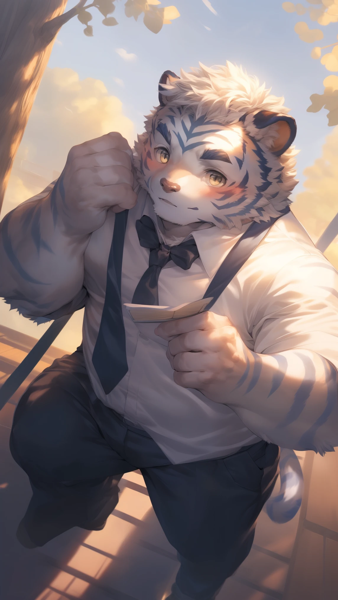 (through empty ghost, From thebigslick, through dark gems, Will chase), Keyuan Tower (Onmyoji Daisenji Temple), High quality photos, Perfect anatomical structure, Anthropomorphic white tiger, Men, 16 years old, thick eyebrows, (short hair:1.5), Light blue stripes, Strong body, pectoralis major, Light blue school uniform,White stripes, Black bow tie, Light gray trousers, Small bump, Holding a letter, 站在campus里, Big Tree下, Shy expression, blush, Golden pupils, Look up at the audience, Clear facial features, Strong, Solitary, solo, Top view, Full body image, Fog atmosphere, campus，Big Tree，Swing，Sunlight，Correct gestures