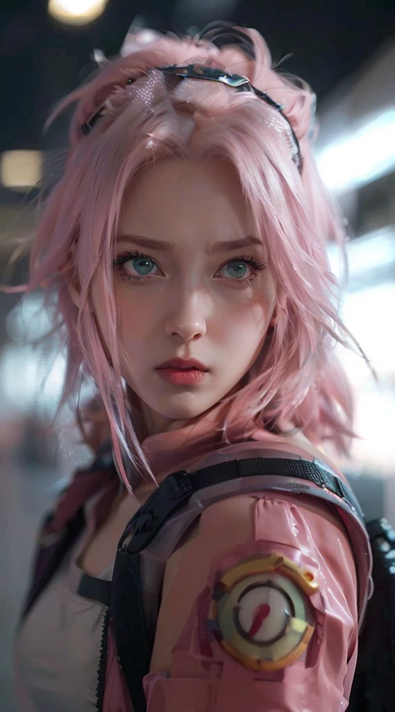 young woman, short shoulder-length pink hair, wide forehead, porcelain skin, pink eyebrows, big emerald green eyes, buttoned nose, full lips, heart-shaped face, slender body, small breasts, red tank top, Sakura Haruno , realistic, realism, details, 3d, well detailed
