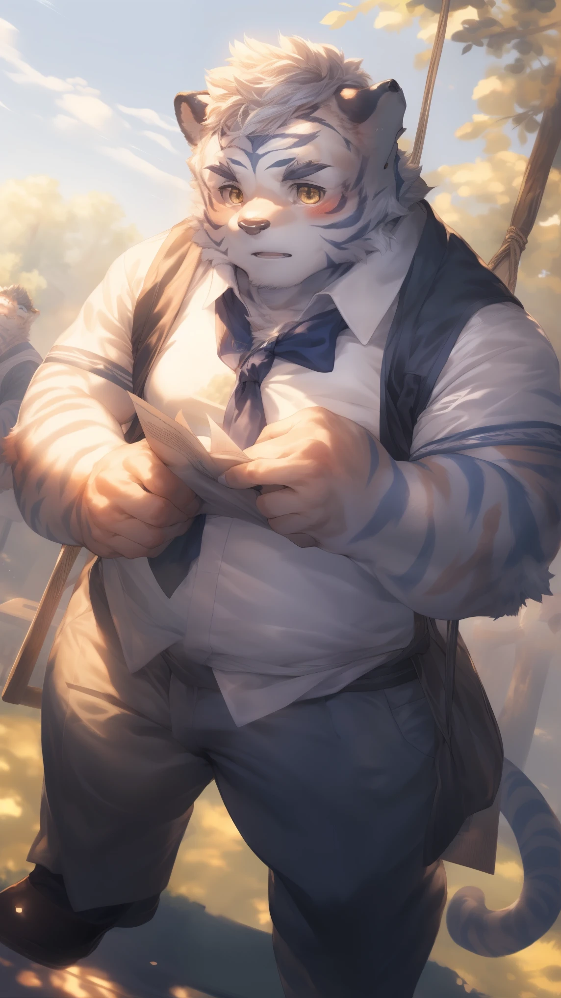 (through empty ghost, From thebigslick, through dark gems, Will chase), Keyuan Tower (Onmyoji Daisenji Temple), High quality photos, Perfect anatomical structure, Anthropomorphic white tiger, Men, 16 years old, thick eyebrows, (short hair:1.5), Light blue stripes, Strong body, pectoralis major, Light blue school uniform,White stripes, Black bow tie, Light gray trousers, Small bump, Holding a letter, 站在campus里, Big Tree下, Shy expression, blush, Golden pupils, Look up at the audience, Clear facial features, Strong, Solitary, solo, Top view, Full body image, Fog atmosphere, campus，Big Tree，Swing，Sunlight，Correct gestures