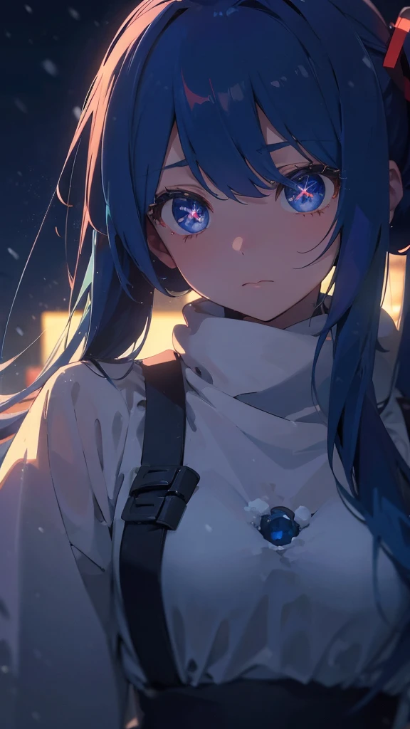 (masterpiece、highest quality)、1 girl ,Grim expression、hatsunemiku,Warm lighting、 Blurred foreground、night、High Contrast、Twin tails,blue gem eyes,Blue Hair,night,snowing,Heavy snowfall,winter,Alone in the vast snowy field,whole body,curse,Looking at me,Huge construction,moon,whole body,shine,bright,Sad expression,whole body,sad face,Huge structures,universe,planet,Standing