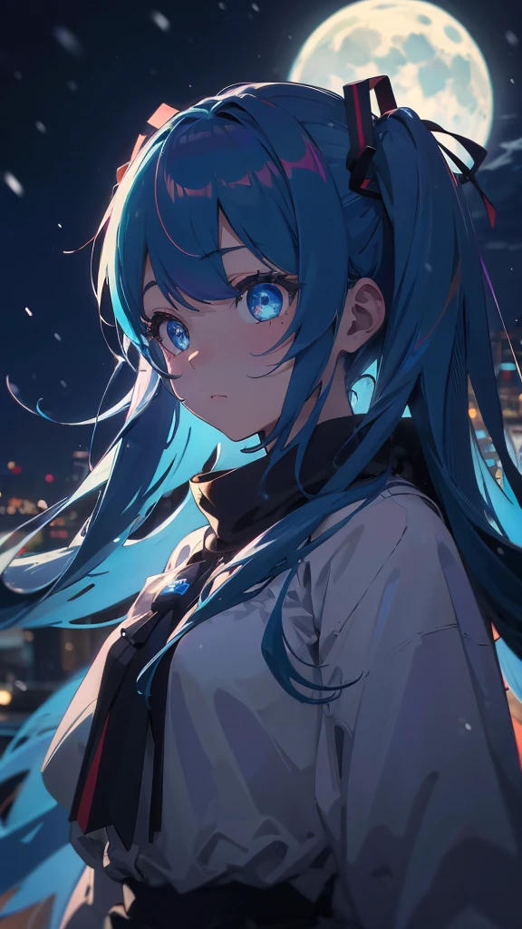 (masterpiece、highest quality)、1 girl ,Grim expression、hatsunemiku,Warm lighting、 Blurred foreground、night、High Contrast、Twin tails,blue gem eyes,Blue Hair,night,snowing,Heavy snowfall,winter,Alone in the vast snowy field,whole body,curse,Looking at me,Huge construction,moon,whole body,shine,bright,Sad expression,whole body,sad face,Huge structures,universe,planet,Standing