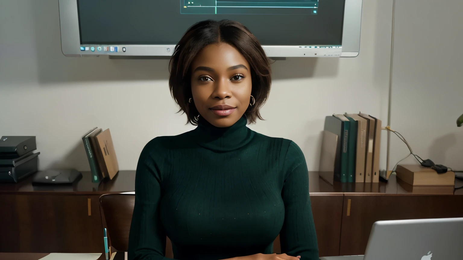 masterpiece, best quality, (extremely detailed CG unity 8k), (best quality), (best illustration), pixar style, absurdres, african american businesswoman green turtleneck, half body, slightly smiling, facing straight ahead, neck straight, laptop on desk, seated, office desk, aesthetic office