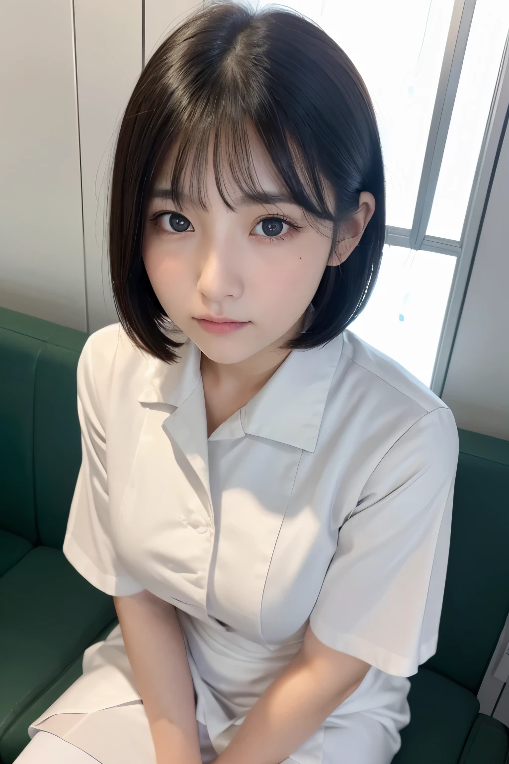 (1 Girl)、(Beautiful Japanese、18years old,round face、Refreshing、clear、seems kind、stylish、Pitiful、cute like an angel、cute、black eyes、,actress,Almond-shaped eyes), Good style , (Beautiful big breasts:1.2),(soft breasts),(very cute),(Black hair),(short bob hair),(enchanting eyes),(highlight on eyes:1.2)、(8K、Live shooting、highest quality、masterpiece:1.2、optimal lighting)、((masterpiece)),(Photo taken by a professional photographer),(real、photo real:1.4),break,{ (White nurse costume),(((taraditional nurse uniform))),(White nurse mini skirt),((White pantyhose)),(cleavage:0.7)},(Worried face),(cheeks are red:1.2), break, break,Hospital,Face shot:1.3、Hospital waiting room、Looking away, face close-up,Dynamic angle,