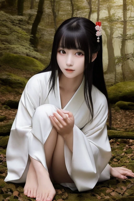 Beautiful Japanese woman in a white kimono, nightの青木ヶ原樹海を歩く, Flowing black hair, Beautiful Skin, Beautiful Eyes, Mysterious Forest, Horror photorealism style, night, There is no way, There is earth under my feet