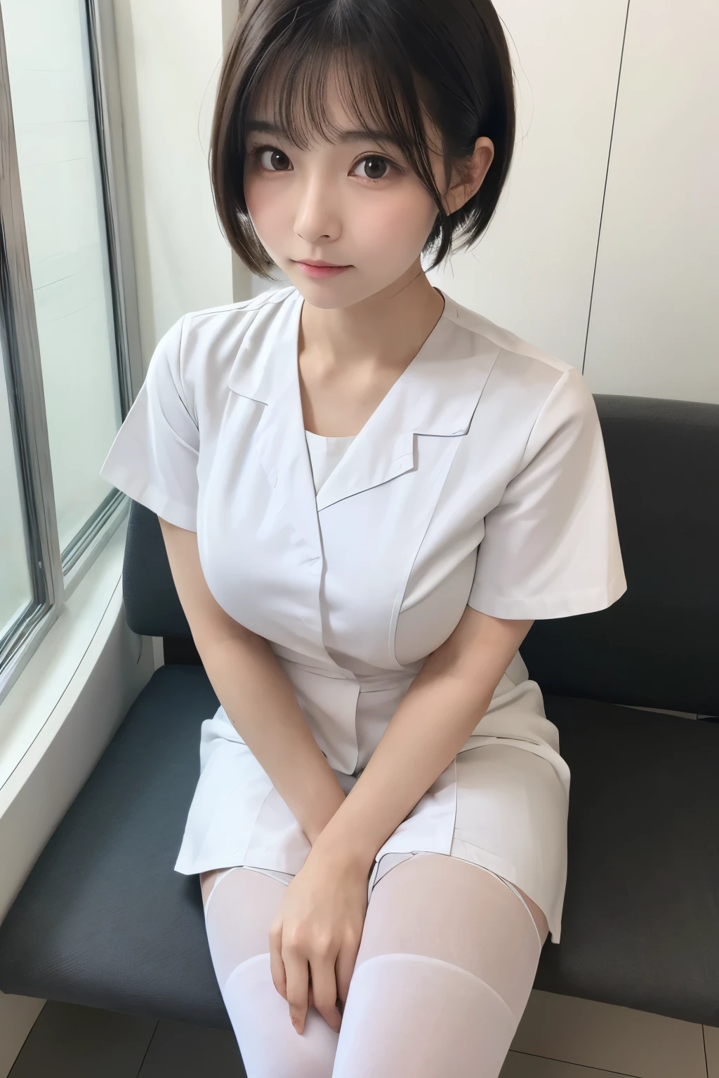 (1 Girl)、(Beautiful Japanese、18years old,round face、Refreshing、clear、seems kind、stylish、Pitiful、cute like an angel、cute、black eyes、,actress,Almond-shaped eyes), Good style , (Beautiful big breasts:1.2),(soft breasts),(very cute),(Black hair),(short bob hair),(enchanting eyes),(highlight on eyes:1.2)、(8K、Live shooting、highest quality、masterpiece:1.2、optimal lighting)、((masterpiece)),(Photo taken by a professional photographer),(real、photo real:1.4),break,{ (White nurse costume),(((taraditional nurse uniform))),(White nurse mini skirt),((White pantyhose)),(cleavage:0.7)},(Worried face),(cheeks are red:1.2), break, break,Hospital,Face shot:1.3、Hospital waiting room、Looking away, face close-up,Dynamic angle,