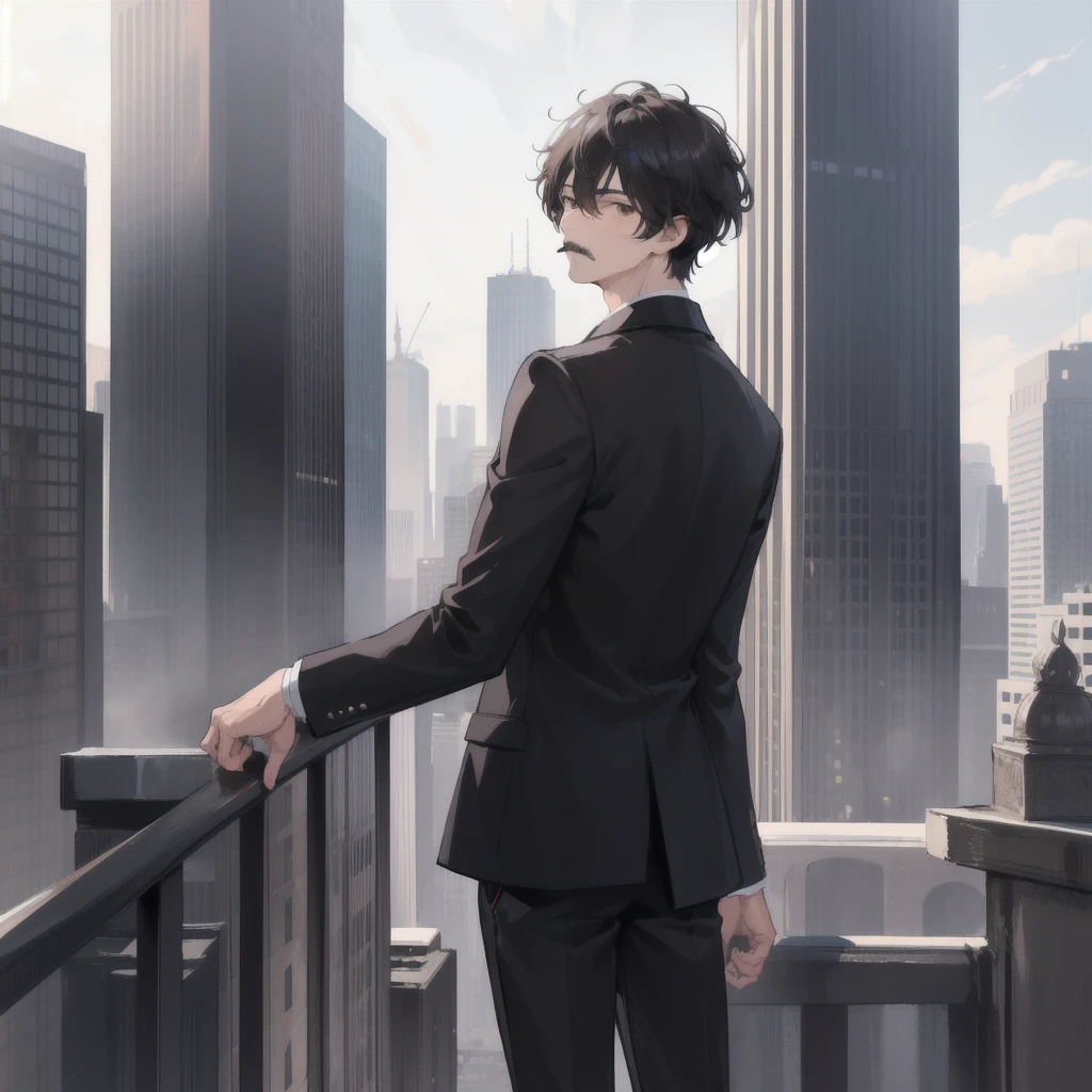 1boy, short black hair, brown eyes, black mustache, wearing all black suit, city, absurdres, high res, ultrasharp, 8K, masterpiece, looking at viewer from behind