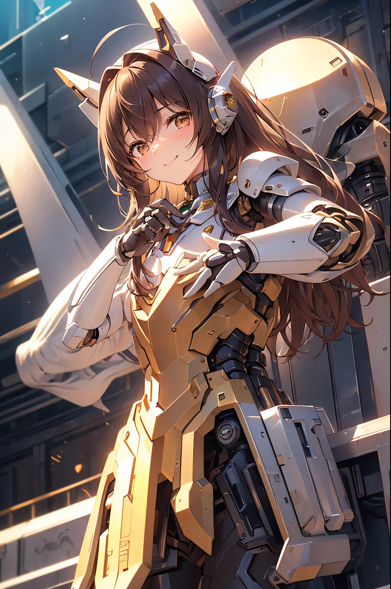 最high quality、Best image quality、masterpiece、Mecha Girl((18-year-old、Arm and leg armor、Robot Joints,(barefoot),Bust 85、Brown Hair、Close to the audience、Staring at the audience、Chest energy、Spread your chest wide,Reaching out、Brown eyes、A shy smile、Tinting the Cheek))high quality、Depth of written boundary、depth、(Overexposure)、
