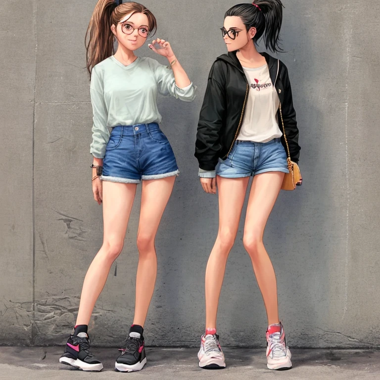 Girl，Glasses，shorts，Single ponytail high top shoes