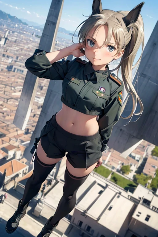 {(masterpiece,best quality, 8K UHD, extremely detailed CG, detailed beautiful face and eyes and skin and hair), (ultra detailed face)}, {(ultra realistic photo graphic style:1.4)}, {(1girl free_fall from 10000m above the ground:1.2), (out of focus background:1.4)}, {1girl, 18yo, (beasts_ears),medium hair, Ponytail hair with braids, forehead}, {(strike witches:1.4),(military shoes:1.2), (thigh-high socks),(navel:1.2)}, {(cheerful:1.3), (candid shot),(glowing eyes)}, {(bring knees forward:1.1), (inner thighs showing pose:1.2)}, {(VENICE city:1.2)}