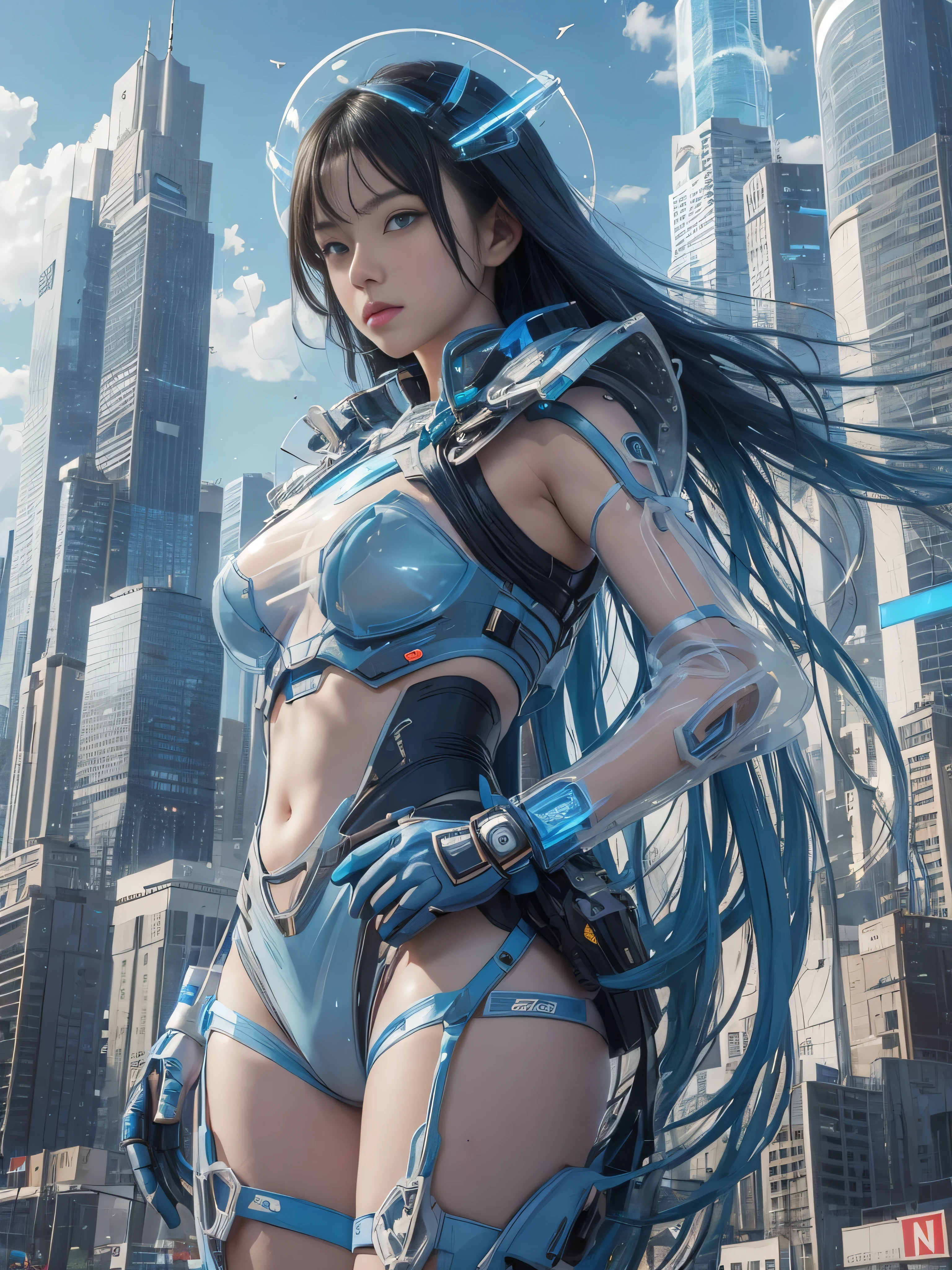 (RAW quality:1.4), One Girl, Japanese, 14 years old, Textured skin, (Sky blue long hair:1.4), Very detailed, Advanced Details, high quality, 最high quality, High resolution, 1080p, hard disk, beautiful,(Gundam),Beautiful cyborg woman,large body,((Wearing Futuristic Transparent Reinforced Plastic Machine Parts。:1.4)), Nipples covered with transparent mechanism, Mechanically protected front groin, (Exposed lower abdomen:1.4), The bare skin of the large body is exposed., large body naked, Perfect Proportions, Great tit, (He carries a lot of weapons on his back..:1.4), (Hero Pose), Combat pose, Cowboy Shot, (Short-cut straight hair that looks beautiful in blue and white:1.4), folded building background, City in flames, (The blue LED on the bust top glows strongly:1.4), Biologically correct, pubic_hair,