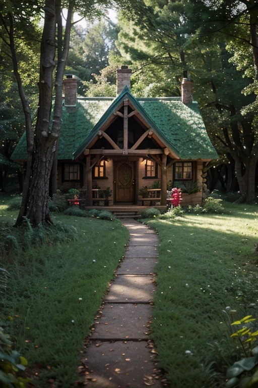 Enchanted Cottage in the Woods: A charming house with a winding path leading into a mystical forest, rendered in a vibrant Pixar-style CGI. The scene is depicted with simple yet colorful details, capturing the essence of wonder and magic in a 16:9 aspect ratio.