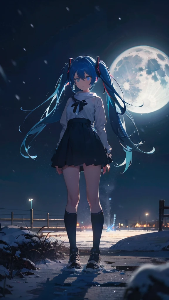(masterpiece、highest quality)、1 girl ,Grim expression、hatsunemiku,Warm lighting、 Blurred foreground、night、High Contrast、Twin tails,blue gem eyes,Blue Hair,night,snowing,Heavy snowfall,winter,Alone in the vast snowy field,whole body,curse,Looking at me,Huge construction,moon,whole body,shine,bright,Sad expression,whole body,sad face,Huge structures,universe,planet,Standing,legs