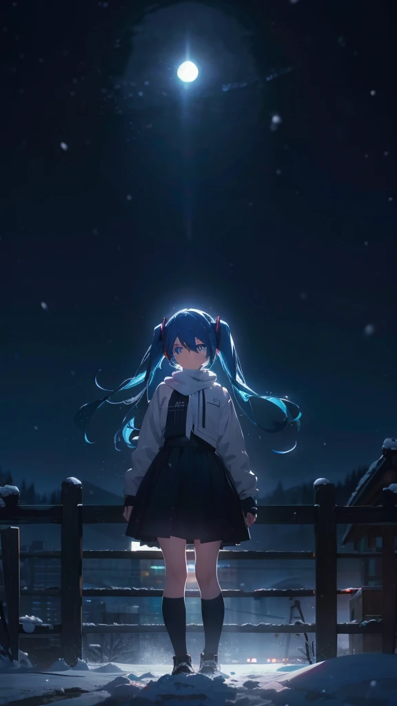 (masterpiece、highest quality)、1 girl ,Grim expression、hatsunemiku,Warm lighting、 Blurred foreground、night、High Contrast、Twin tails,blue gem eyes,Blue Hair,night,snowing,Heavy snowfall,winter,Alone in the vast snowy field,whole body,curse,Looking at me,Huge construction,moon,whole body,shine,bright,Sad expression,whole body,sad face,Huge structures,universe,planet,Standing,legs