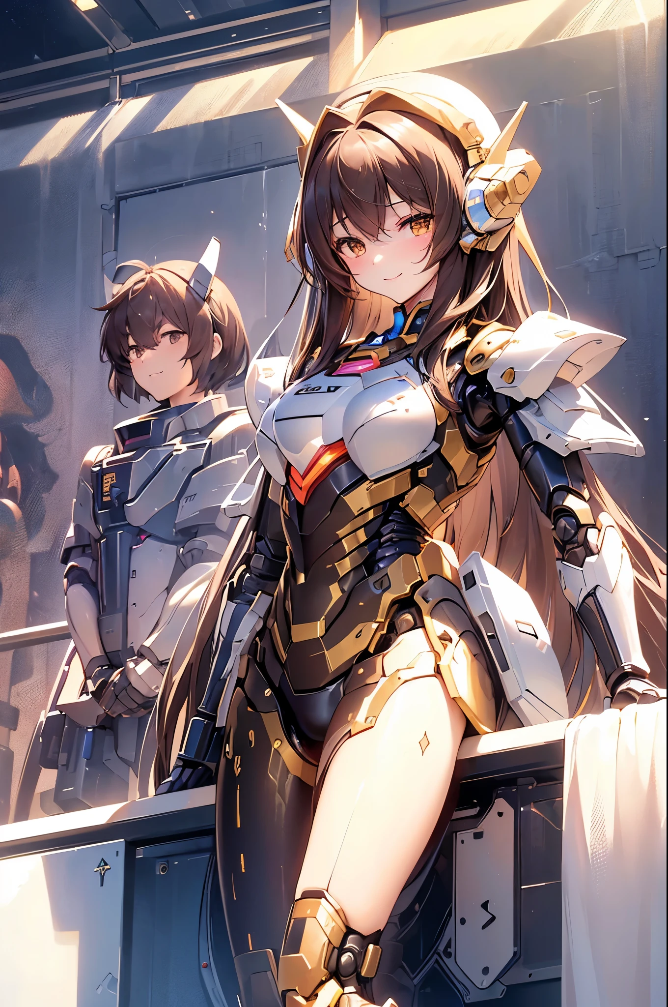 最high quality、Best image quality、masterpiece、Mecha Girl((18-year-old、Arm and leg armor、Robot Joints,(barefoot),Bust 85、Brown Hair、Close to the audience、Staring at the audience、Chest energy、Spread your chest wide,Reaching out、Brown eyes、A shy smile、Tinting the Cheek))high quality、Depth of written boundary、depth、(Overexposure)、