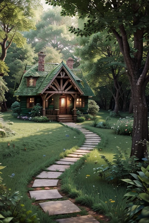 Enchanted Cottage in the Woods: A charming house with a winding path leading into a mystical forest, rendered in a vibrant Pixar-style CGI. The scene is depicted with simple yet colorful details, capturing the essence of wonder and magic in a 16:9 aspect ratio.