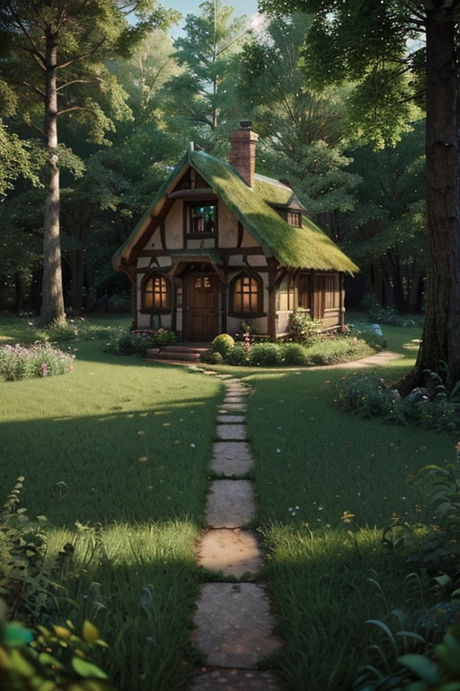 Enchanted Cottage in the Woods: A charming house with a winding path leading into a mystical forest, rendered in a vibrant Pixar-style CGI. The scene is depicted with simple yet colorful details, capturing the essence of wonder and magic in a 16:9 aspect ratio.