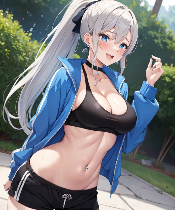 (((masterpiece))), ShizukaMikazuki, One Girl, alone, View your audience, Long Hair, Gray Hair, Long sleeve, Cleavage, Huge big breasts,clavicle, Mature Body,Healthy Abs,Make your face a little smaller,Make your breasts bigger,tall,Blushing,Pie Ponytail,Blouson, Open clothes, open Blouson, blue Blouson,nude,Black sports bra,Black hot pants, Play sports often, Choker with charm,Earrings,Belly piercing,Laughing embarrassedly,blue eyes,natural Park,Shooting from an angle,Sweat all over,