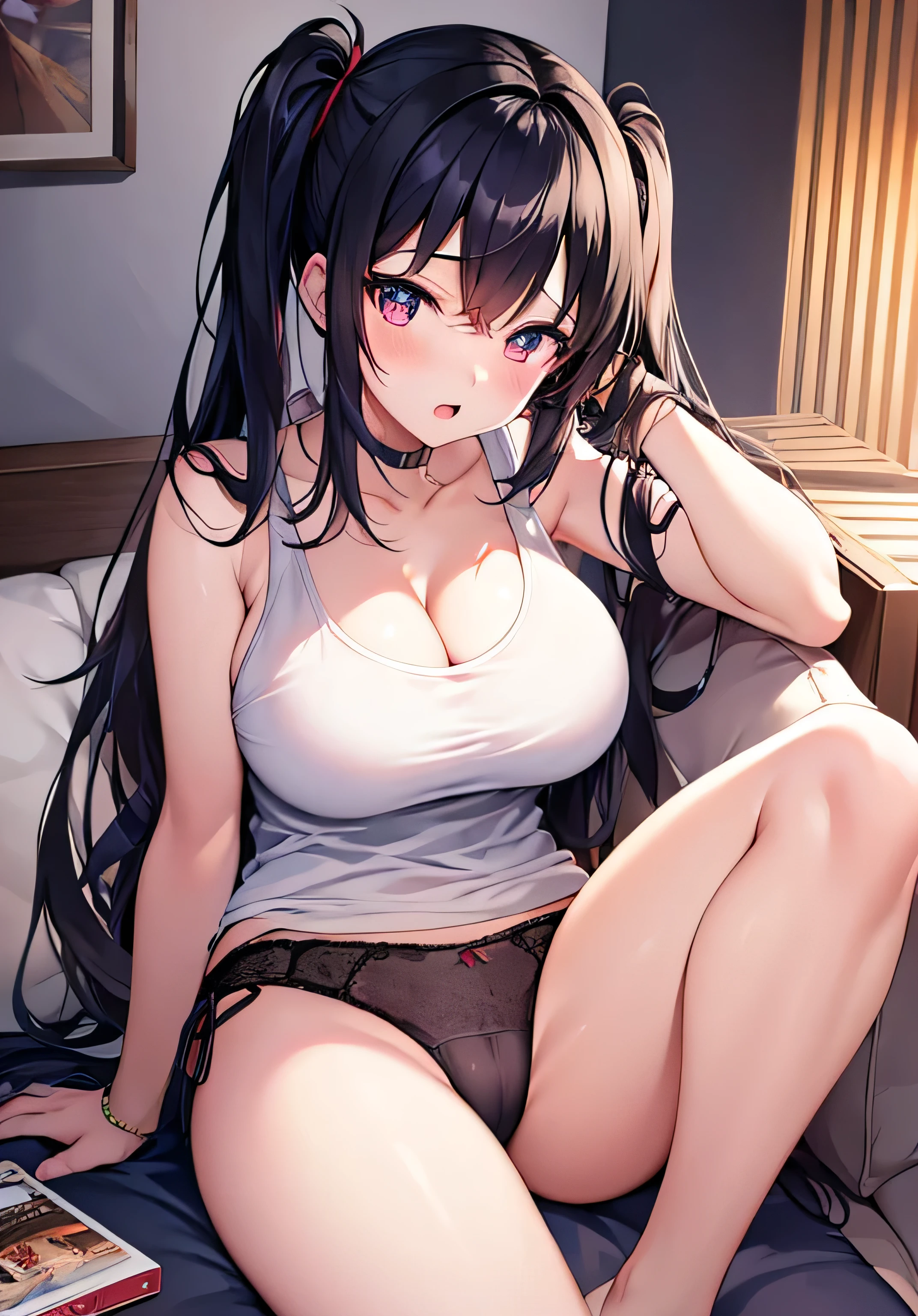 masterpiece、Highest quality、Ultra-high resolution、nsfw、age girl with big breasts、twin tail hairstyle、black hair、Red face、shyly、open your mouth just a little、white tank top that shows cleavage、panties、sit in the sofa、inside the living room at night