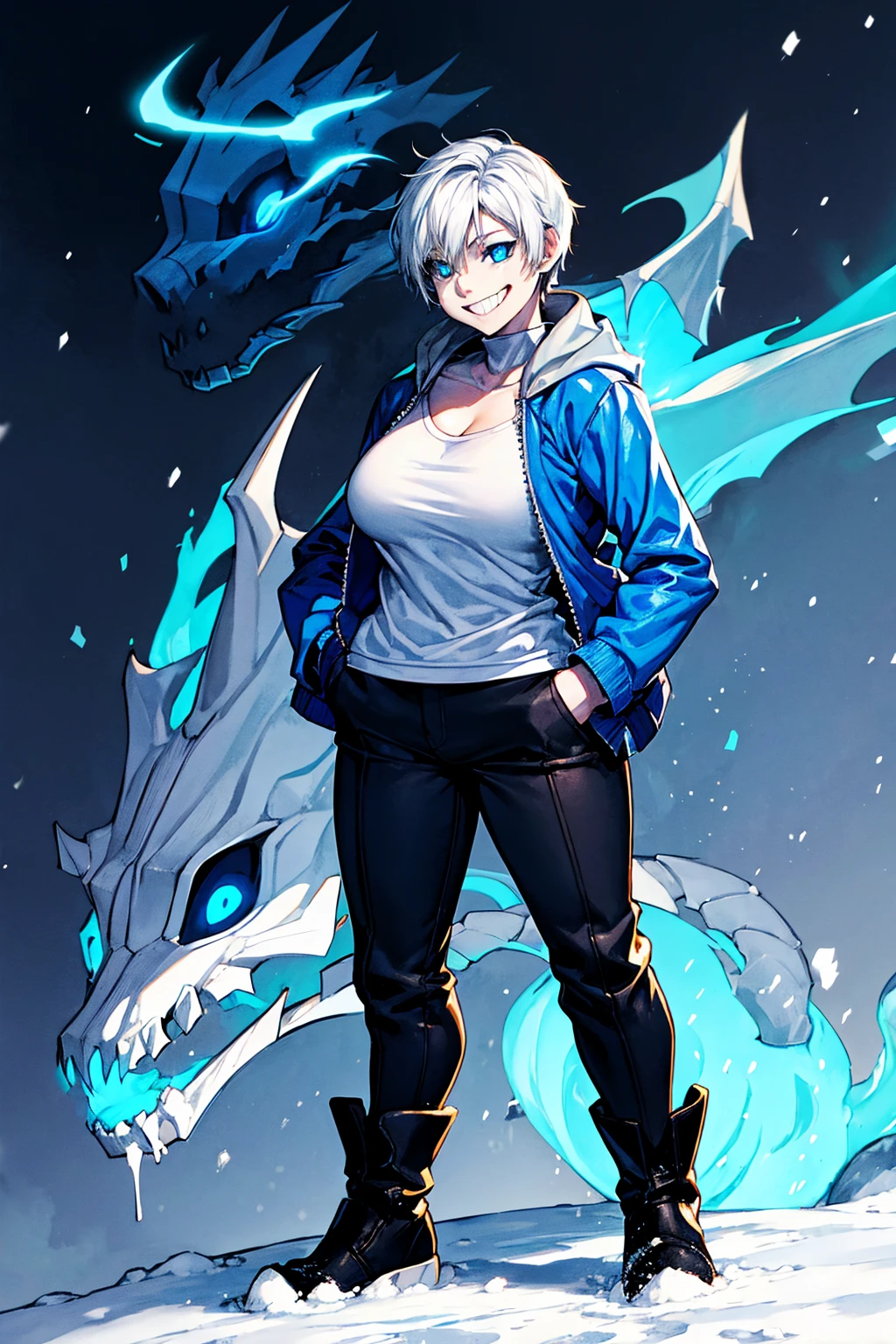 Toby Fox Undertale Sans blue jacket white shirt,Fire eyes skull smile white short hair glowing sexy dragon skull cannon one standing in the snow town Femininefull big breast breast enlargement full-body shot