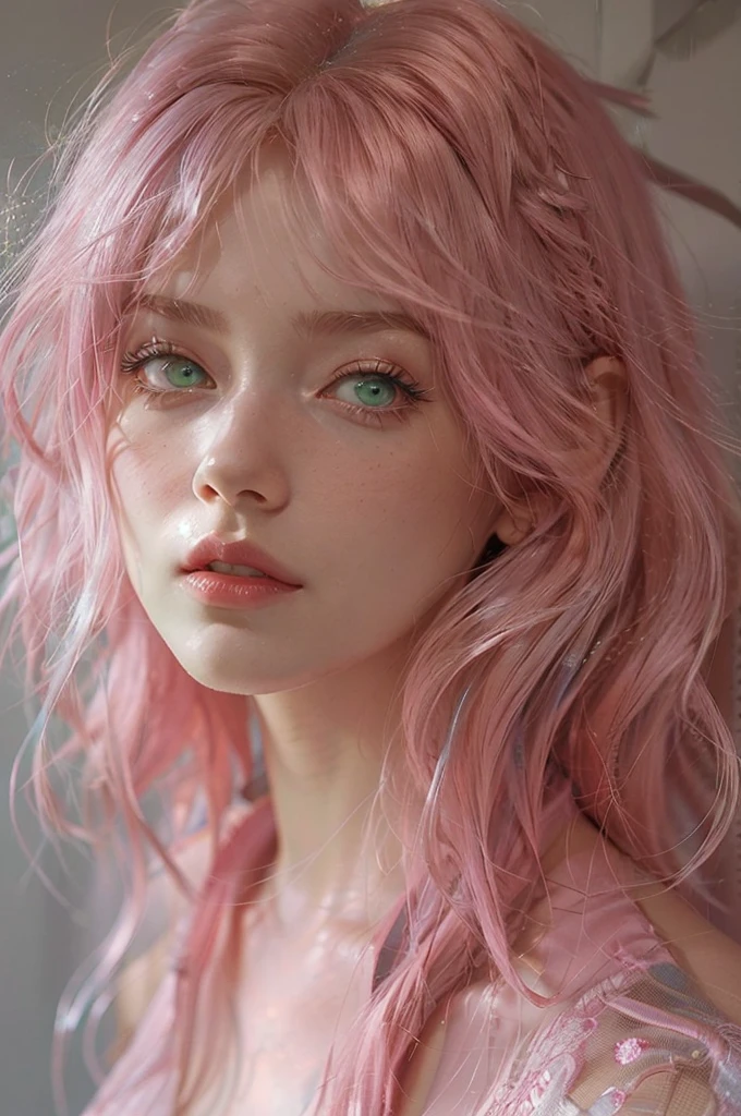 young woman, short shoulder-length pink hair, wide forehead, porcelain skin, pink eyebrows, big emerald green eyes, oned nose, full lips, heart-shaped face, slender body, small bread tank top, Sakura Haruno , realistic, realism, details, 3d, well detailed