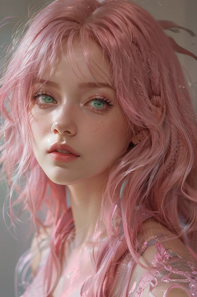young woman, short shoulder-length pink hair, wide forehead, porcelain skin, pink eyebrows, big emerald green eyes, buttoned nose, full lips, heart-shaped face, slender body, small breasts, red tank top, Sakura Haruno , realistic, realism, details, 3d, well detailed