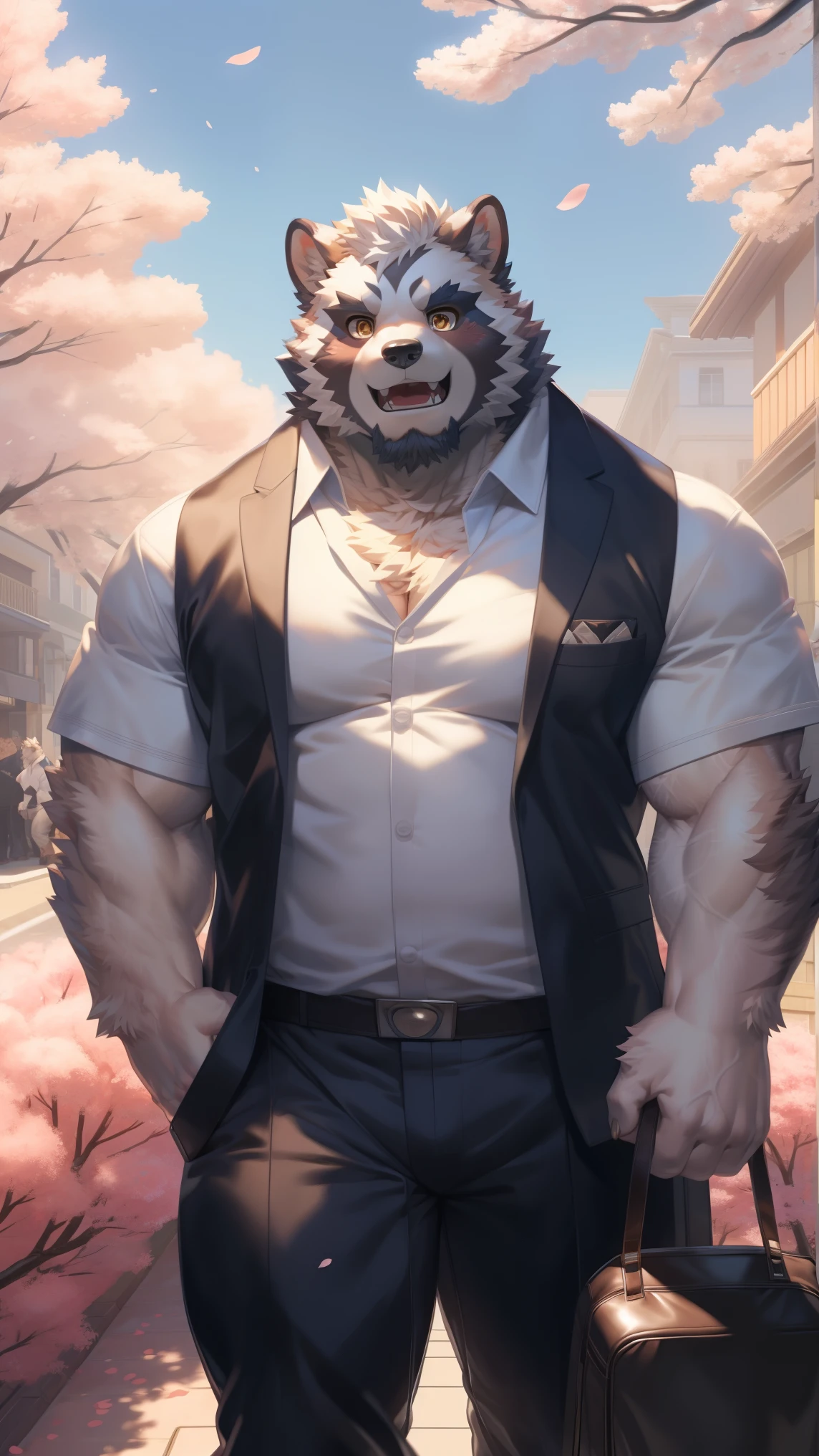 Solitary, anthropology, hairy, hairy male, Wolf, ((Fluffy fur, Fluffy, hairy body)), (Wolf印), (short beard), youth, Gray body, White belly, muscular, White, Big muscles, Golden pupils, Tail, deTailed teeth, deTailed face, Fundos,((Open it) Gray shirt), Untied black tie, holding a briefcase, One hand touching the head, deTailed Fluffy fur, deTailed face, Street Corner, look up to the sky, majestic, barbarous, confident, Strong, Cherry tree, Cherry blossom petals fall on shoulders, (through empty ghost, From raccoon21, masterpiece, high quality, high resolution,8k), permanent,Close-up portraits, outdoor, Dynamic poses, Looking at the audience, Front view,