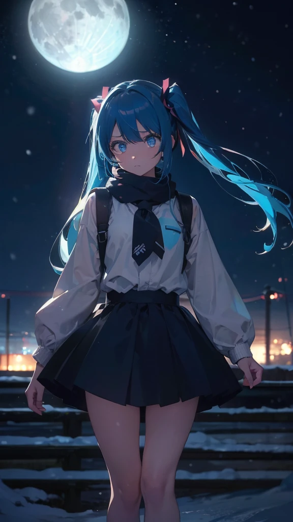 (masterpiece、highest quality)、1 girl ,Grim expression、hatsunemiku,Warm lighting、 Blurred foreground、night、High Contrast、Twin tails,blue gem eyes,Blue Hair,night,snowing,Heavy snowfall,winter,Alone in the vast snowy field,whole body,curse,Looking at me,Huge construction,moon,whole body,shine,bright,Sad expression,whole body,sad face,Huge structures,universe,planet,Standing,legs