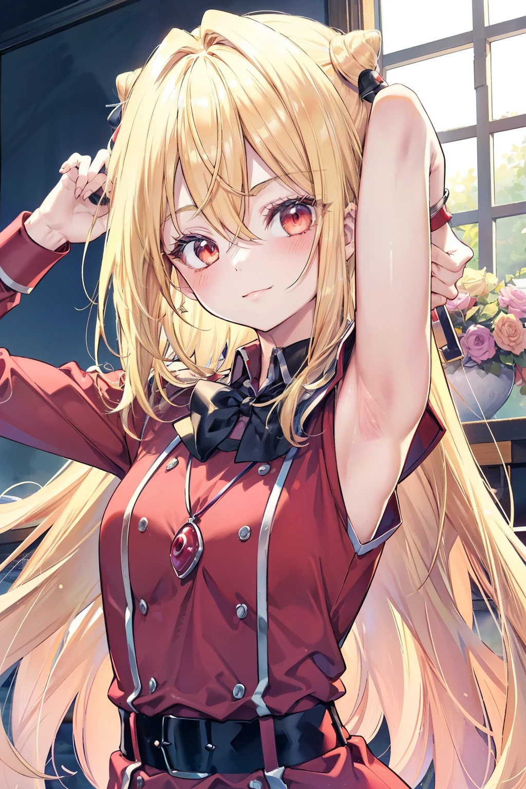 Terracomali Gundesblood、Good looking girl (blush, Perfect Face), independent , Looking at the camera, masterpiece, Anime art style, Cute Characters, Most detailed, high quality、Nico Nico Smile、There are highlights in the eyes、The whole body is visible、Blonde、Long Hair、Red Eye、Showing armpits、uniform